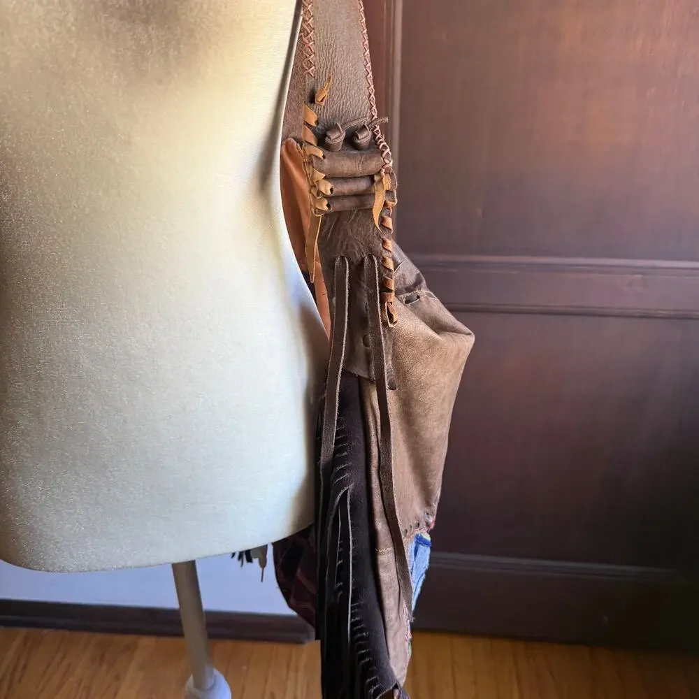 Vintage Handmade Boho Soft Kidskin Leather Embroidered Fringe Oversized Bag